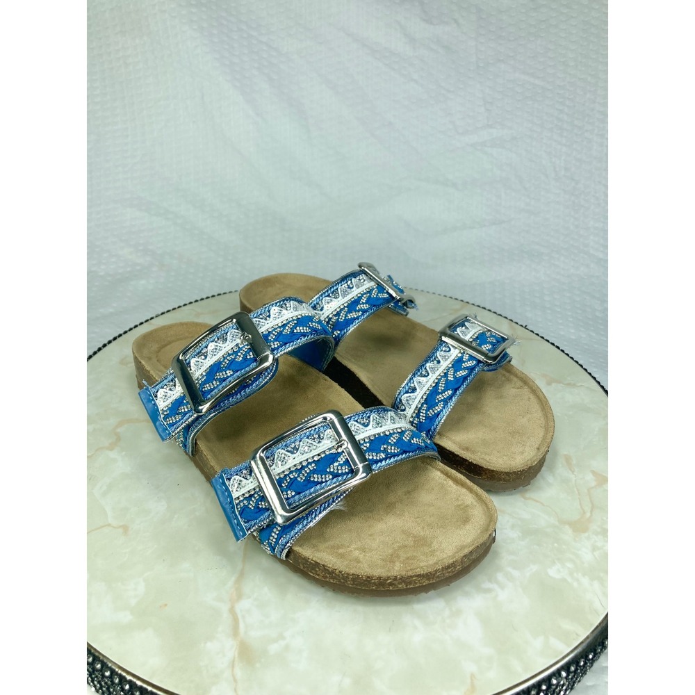 Madden Girl Embroidered Buckle Slide Sandals Women 8 Blue Silver Boho Comfy Chic